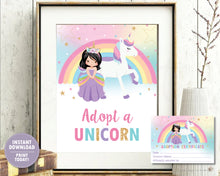 Load image into Gallery viewer, Adopt a Unicorn Sign and Adoption Certificate Card - Black Hair Princess and Unicorn -Instant Download - PU1