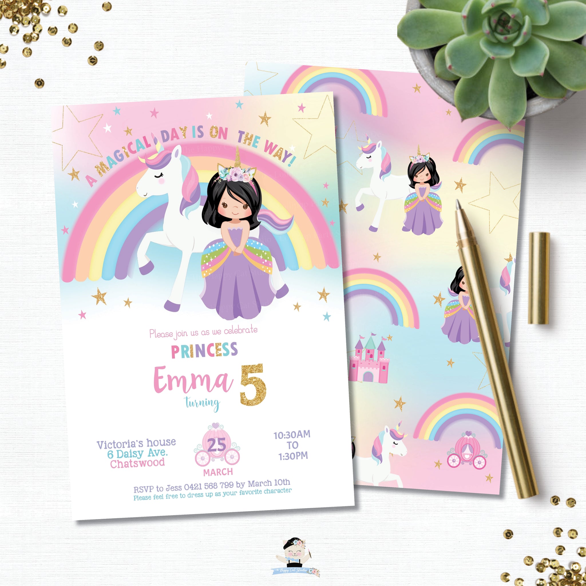 Princess and Unicorn Birthday Party Invitation Black Hair - Instant ED The Happy Cat Studio Princess and Unicorn Birthday Party Invitation Black Hair - Instant ED The Happy Cat Studio