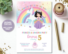 Load image into Gallery viewer, Princess and Unicorn Birthday Party Invitation Black Hair - Instant EDITABLE TEMPLATE - PU1