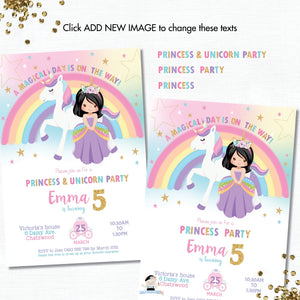 Princess and Unicorn Birthday Party Invitation Black Hair - Instant EDITABLE TEMPLATE - PU1