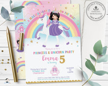 Load image into Gallery viewer, Cute Black Hair Princess Riding a Unicorn Birthday Invitation Editable Template - Instant Download Digital Printable File - PU1