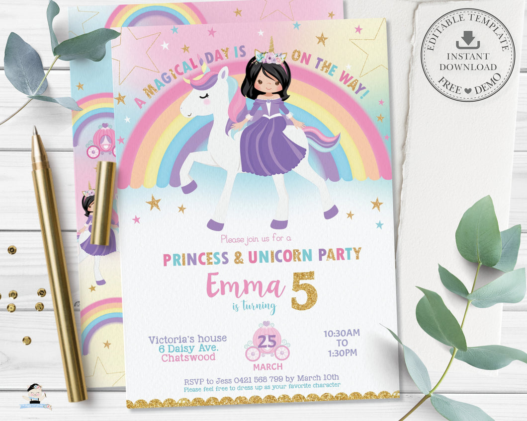 Cute Black Hair Princess Riding a Unicorn Birthday Invitation Editable Template - Instant Download Digital Printable File - PU1