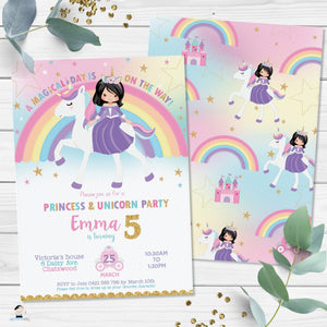 Cute Black Hair Princess Riding a Unicorn Birthday Invitation Editable Template - Instant Download Digital Printable File - PU1