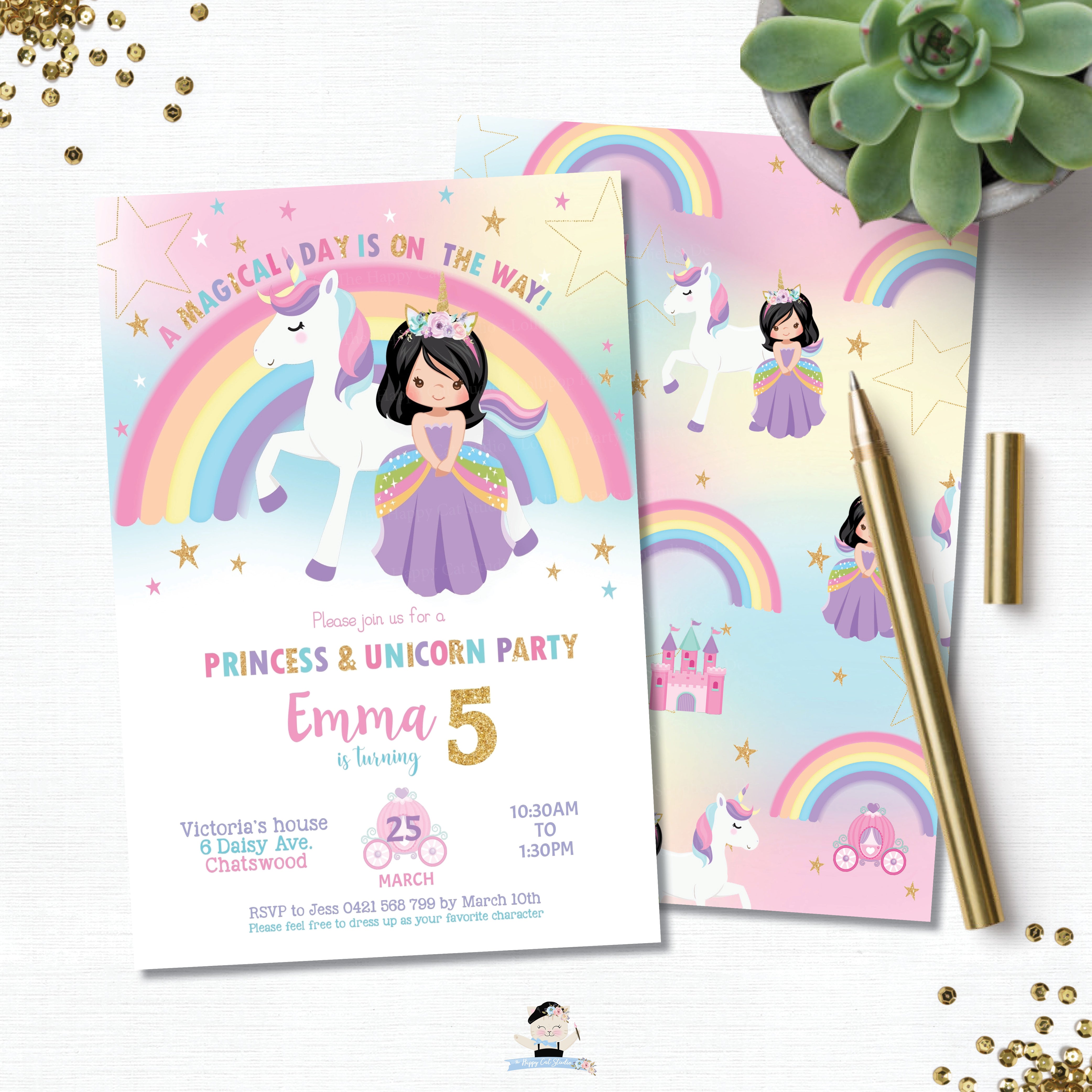 Princess and Unicorn Birthday Party Invitation Black Hair
