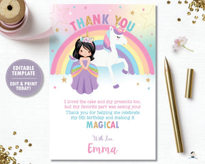 Princess and Unicorn Birthday Party Thank You Note Card Black Hair - Instant EDITABLE TEMPLATE - PU1