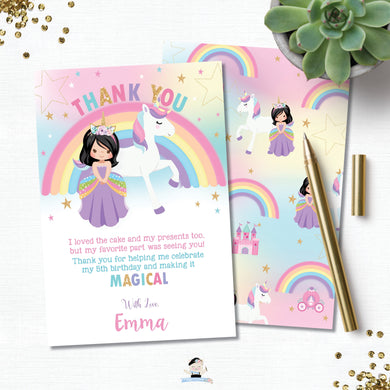 Princess and Unicorn Birthday Party Thank You Note Card Black Hair - Instant EDITABLE TEMPLATE - PU1