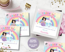 Load image into Gallery viewer, Princess and Unicorn Birthday Party Thank You Tag Favor Sticker Label Editable Template - Black Hair -Instant EDITABLE TEMPLATE - PU1