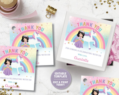 Princess and Unicorn Birthday Party Thank You Tag Favor Sticker Label Editable Template - Black Hair -Instant EDITABLE TEMPLATE - PU1