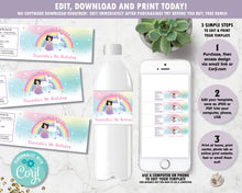 Load image into Gallery viewer, Black Hair Princess and Unicorn Birthday Party Water Bottle Label Sticker Editable Template - Instant EDITABLE TEMPLATE - PU1
