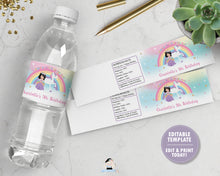 Load image into Gallery viewer, Black Hair Princess and Unicorn Birthday Party Water Bottle Label Sticker Editable Template - Instant EDITABLE TEMPLATE - PU1