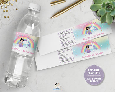 Black Hair Princess and Unicorn Birthday Party Water Bottle Label Sticker Editable Template - Instant EDITABLE TEMPLATE - PU1