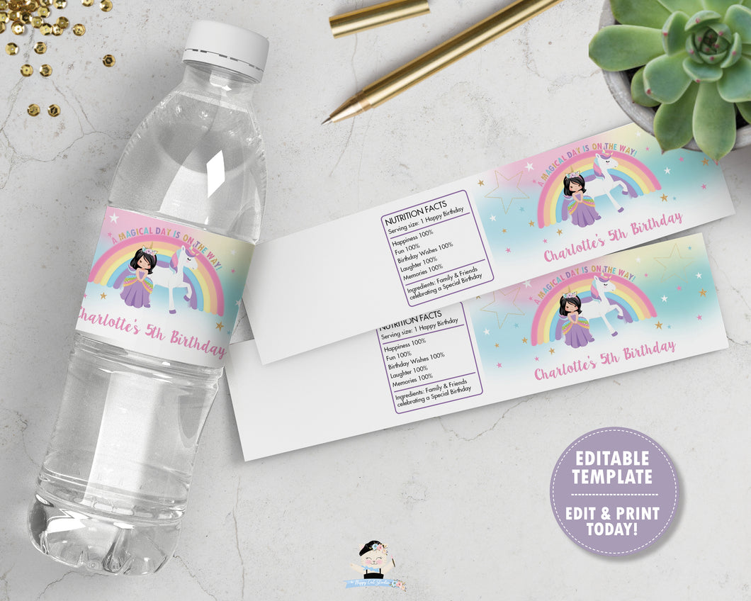 Black Hair Princess and Unicorn Birthday Party Water Bottle Label Stic – The Happy Cat Studio black-hair-princess-and-unicorn-birthday-party-water-bottle-label-stic-the-happy-cat-studio