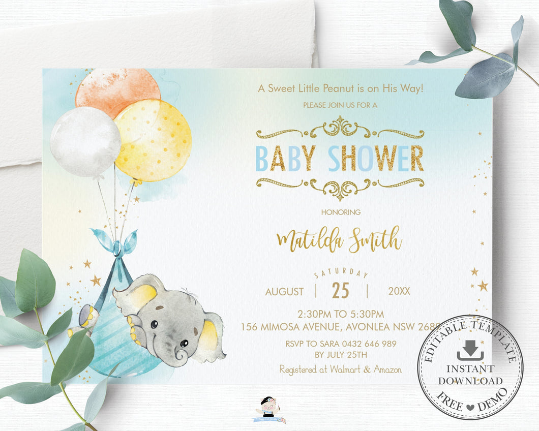 Chic Elephant Balloons Baby Shower Invitation Boy - Editable Template - Instant Download - EP3