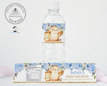 Load image into Gallery viewer, Owls Water Bottle Labels, EDITABLE TEMPLATE, Bottle Stickers Wrappers Favors, Blue Floral Flowers Mommy Baby Owl Baby Shower Printable, OW2