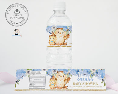 Owls Water Bottle Labels, EDITABLE TEMPLATE, Bottle Stickers Wrappers Favors, Blue Floral Flowers Mommy Baby Owl Baby Shower Printable, OW2