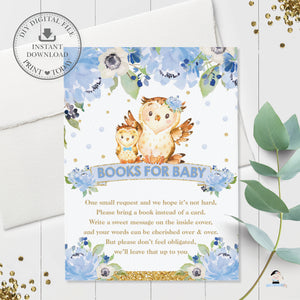 Blue Floral Cute Mommy and Baby Owl Books for Baby Insert Card - Instant Download - Digital Printable File - OW2