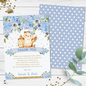 Blue Floral Cute Mom and Baby Owls Thank You Card - Editable Template - Digital Printable File - Instant Download - OW2