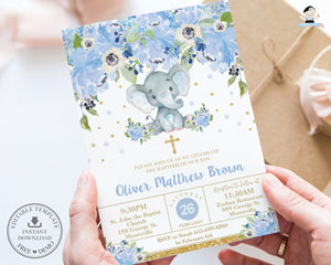 Blue Floral Elephant Baptism Christening Invitation Editable Template - Digital Printable File - Instant Download - EP6