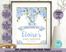 Load image into Gallery viewer, Blue-Floral-Elephant-Baby-Boy-Shower-Welcome-Sign-Poster-Decor-Instant-Editable-Template