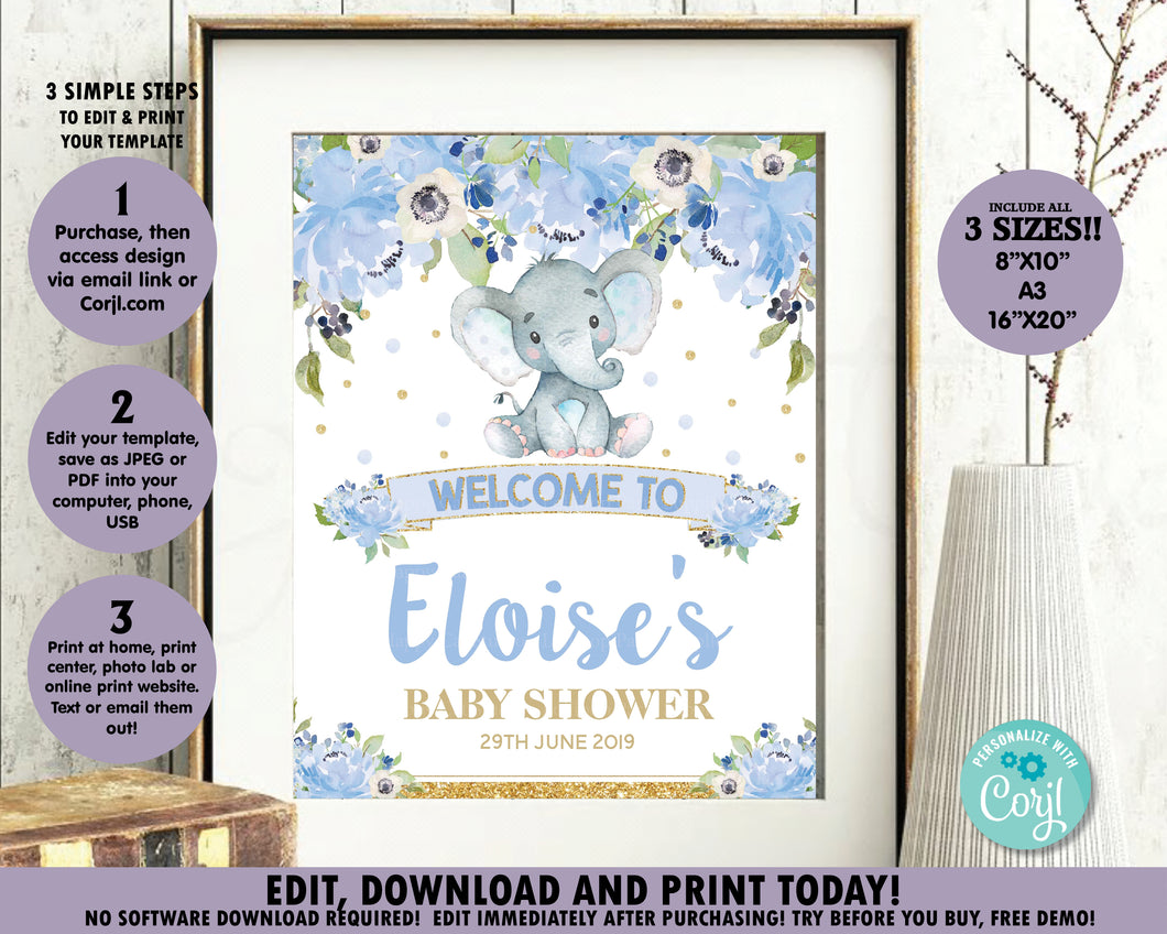 Blue-Floral-Elephant-Baby-Boy-Shower-Welcome-Sign-Poster-Decor-Instant-Editable-Template