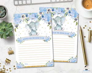 Blue Floral Baby Boy Shower Elephant Advice for Mom to Be Sign and Note Card
