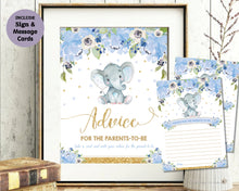 Load image into Gallery viewer, Blue Watercolor Floral Baby Boy Elephant Shower Advice for Parents to Be Sign and Note Cards