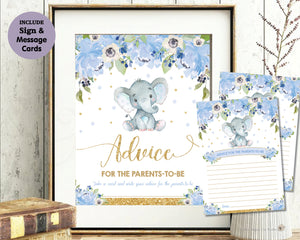Blue Watercolor Floral Baby Boy Elephant Shower Advice for Parents to Be Sign and Note Cards