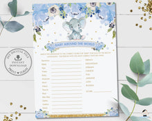 Load image into Gallery viewer, Baby Around the World Cute Elephant Blue Floral Boy Baby Shower Game Activity - Instant Download - Digital Printable File - EP6