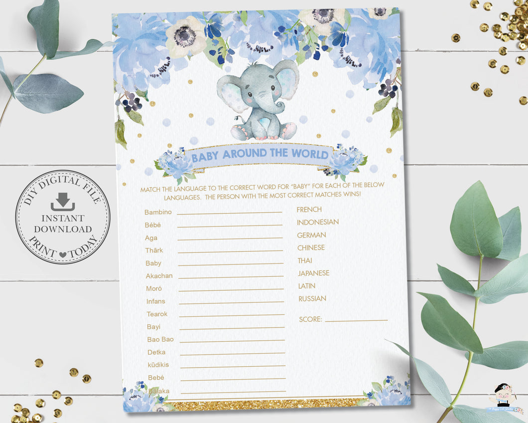 Baby Around the World Cute Elephant Blue Floral Boy Baby Shower Game Activity - Instant Download - Digital Printable File - EP6