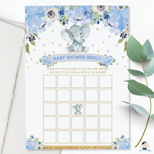 Baby Bingo Cute Elephant Blue Floral Boy Baby Shower Game Activity - Instant Download - Digital Printable File - EP6