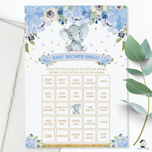 Baby Bingo Cute Elephant Blue Floral Boy Baby Shower Game Activity - Instant Download - Digital Printable File - EP6