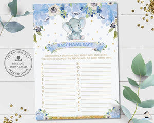 Baby Name Race ABC Cute Elephant Blue Floral Boy Baby Shower Game Activity - Instant Download - Digital Printable File - EP6