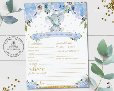 Baby Predictions and Advice Cute Elephant Blue Floral Boy Baby Shower Game Activity - Instant Download - Digital Printable File - EP6