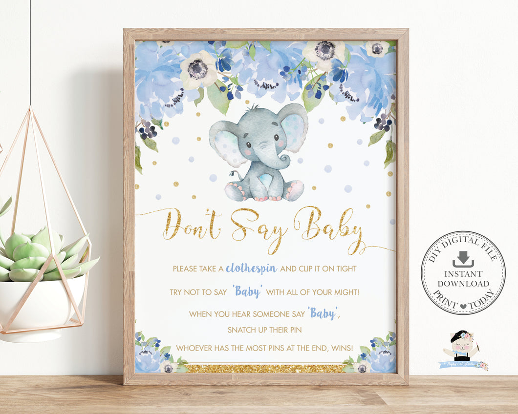 Don't Say Baby Cute Elephant Blue Floral Boy Baby Shower Game Activity - Instant Download - Digital Printable File - EP6