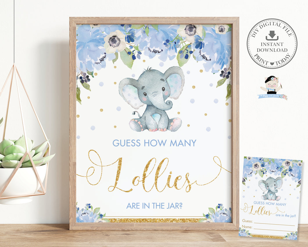 Guess How Many Lollies in the Jar Baby Shower Game Activity Cute Elephant Blue Floral Boy - Instant Download - Digital Printable File - EP6