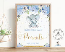Load image into Gallery viewer, Guess How Many Peanuts in the Jar Baby Shower Game Activity Cute Elephant Blue Floral Boy - Instant Download - Digital Printable File - EP6