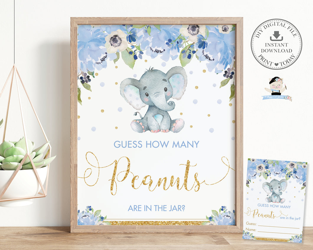 Guess How Many Peanuts in the Jar Baby Shower Game Activity Cute Elephant Blue Floral Boy - Instant Download - Digital Printable File - EP6