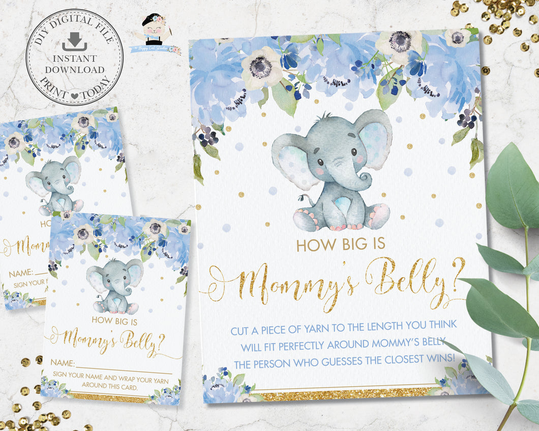 How Big is Mommy's Belly Sign and Card Baby Shower Game Activity Cute Elephant Blue Floral Boy - Instant Download - Digital Printable File - EP6