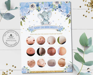 Guess Baby or Beer Belly Cute Elephant Blue Floral Boy Baby Shower Game Activity - Instant Download - Digital Printable File - EP6