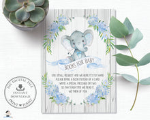Load image into Gallery viewer, Rustic Blue Floral Elephant Baby Shower Bring a Book Instead of a Card - Instant Download - EP4