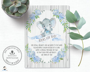 Rustic Blue Floral Elephant Baby Shower Bring a Book Instead of a Card - Instant Download - EP4