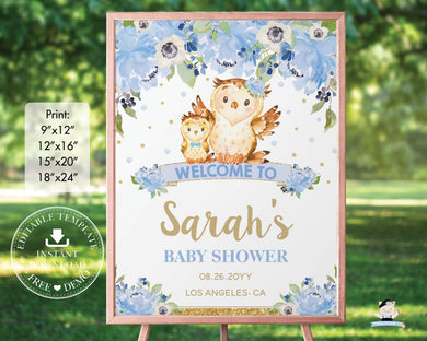 Owls Blue Floral Welcome Sign, EDITABLE TEMPLATE, Mommy Baby Owl Flowers Greenery Boy Baby Shower Diy Poster Decoration INSTANT Download OW2