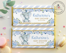 Load image into Gallery viewer, Blue Floral Elephant Chocolate Bar Wrapper - Instant EDITABLE TEMPLATE - EP6