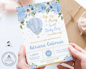 Hot Air Balloon Baby Shower Invitation Printable, Baby Boy, Chic Blue Floral Up Up and Away Adventure, Glitter Gold, EDITABLE TEMPLATE, HB9