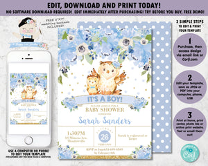 Blue Floral Mommy Owl and Baby Owl Baby Boy Shower Invitation - Instant EDITABLE TEMPLATE - OW2