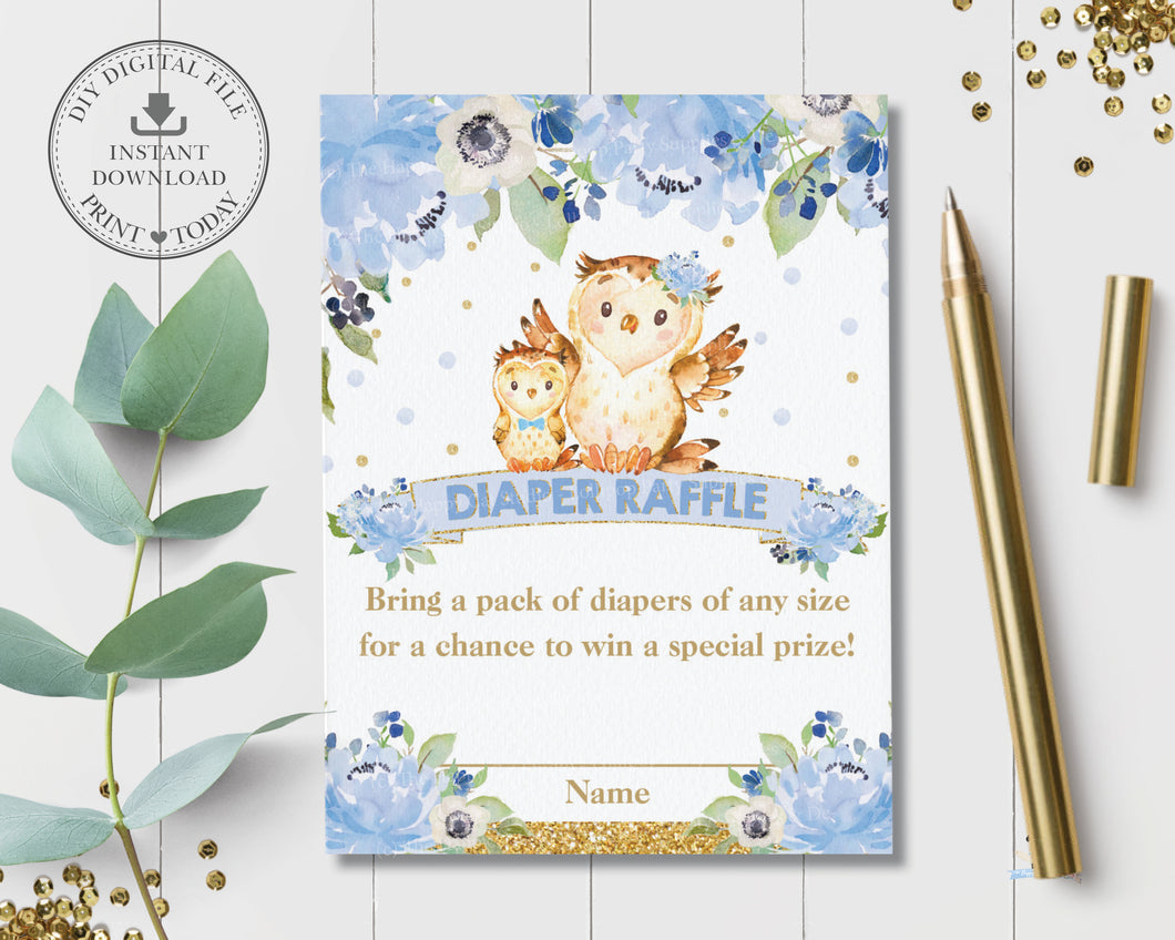 Blue Floral Cute Mommy and Baby Owls Diaper Raffle Ticket Card Insert - Digital Printable File - Instant Download - OW2