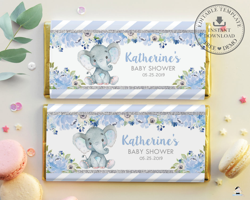 Elephant Blue Floral Silver Glitter Baby Shower Chocolate Bar Wrapper Hershey's Aldi Editable Template - Instant Download - Digital Printable File - EP6