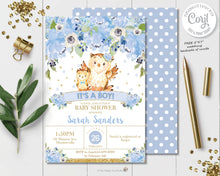 Load image into Gallery viewer, Blue Floral Mommy Owl and Baby Owl Baby Boy Shower Invitation - Instant EDITABLE TEMPLATE - OW2