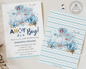 Chic Whale Nautical Ahoy It's a Boy Baby Shower Invitation, EDITABLE TEMPLATE, Ocean Under Sea Blue Chevron Printable, INSTANT Download, WH2
