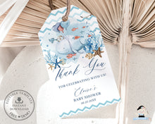 Load image into Gallery viewer, Whale Nautical Thank You Favor Gift Tags Printable, EDITABLE TEMPLATE, Chic Blue Under the Sea Anchor Boy Baby Shower 1st Birthday Party WH2